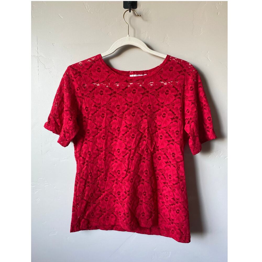 VTG Anna Kriste Red Short Sleeved See Through Floral Lace Top- Size XL